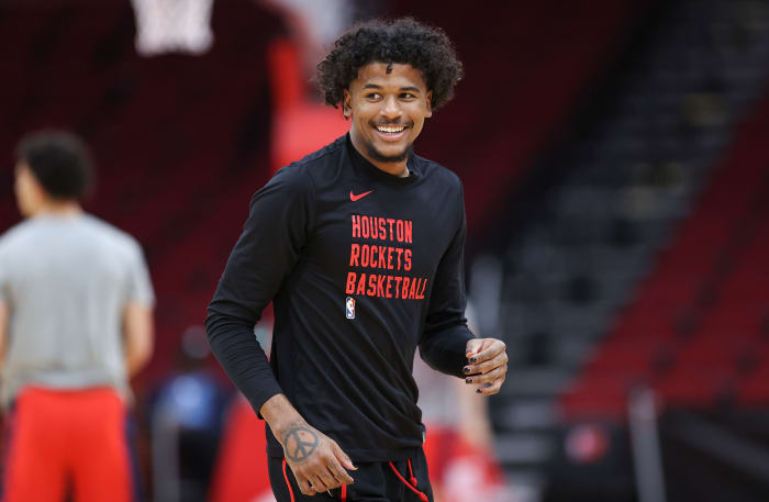 Rockets guard Jalen Green (4) smiles on the court before the game against the Washington Wizards at Toyota Center.